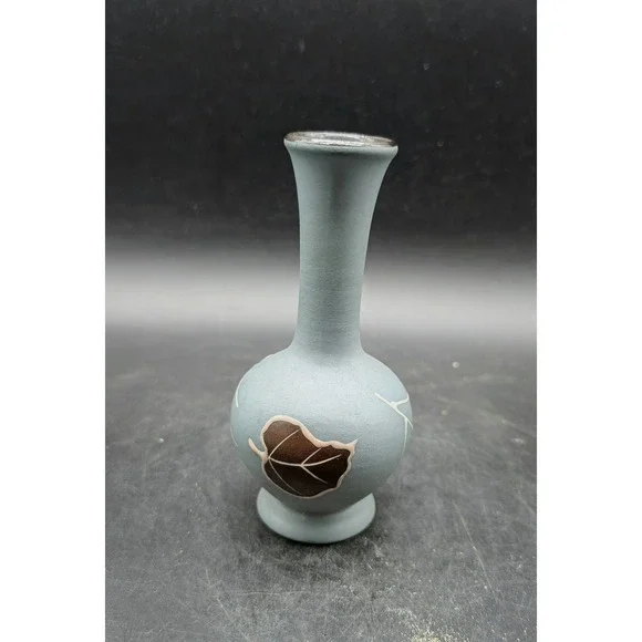 Vintage German Matte Blue Sgraffito Leaf Bud Vase Mid Century Modern Ceramic 5