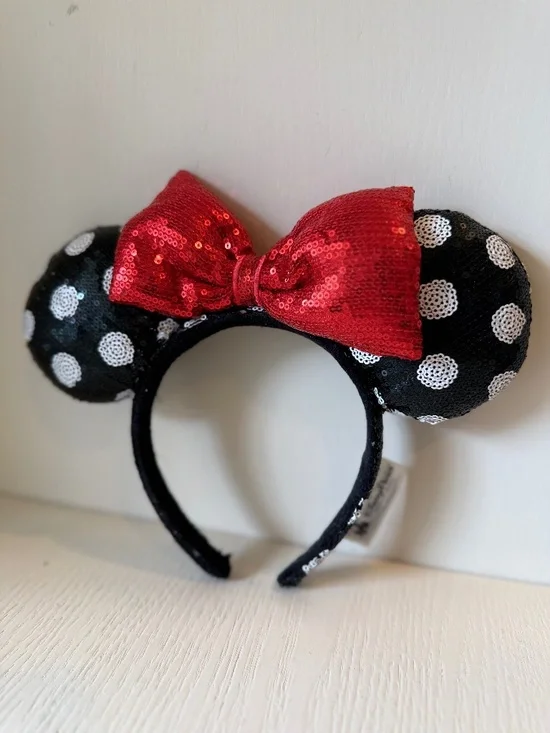 Disney Parks Minnie Mouse Sequin Ears Red Bow Polka Dot Headband