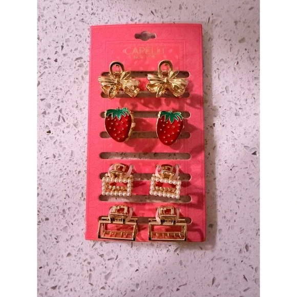 Capelli New York Mini Hair Claw Clip Set 4 Pair Strawberry Pearl Gold Bow
