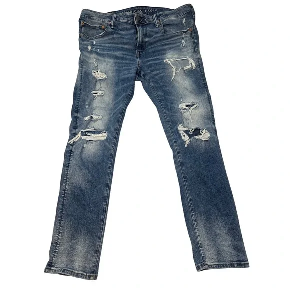 American Eagle Mens Airflex 360 Skinny Distressed Blue Jeans 38x30 Ripped Medium