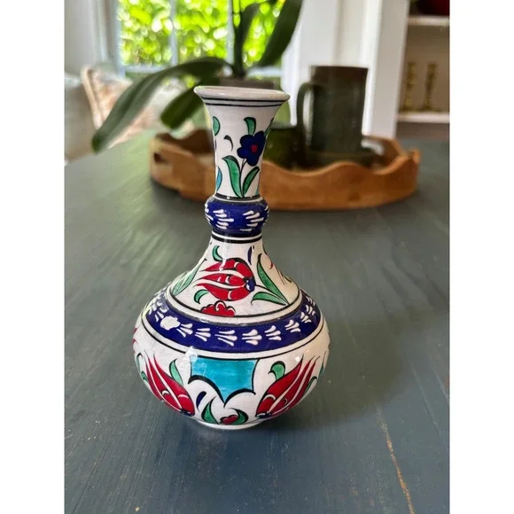Handmade Turkish Ceramic Bud Vase Iznik Floral Hand Painted Pottery 6.25in