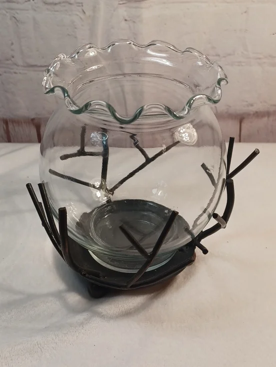 Clear Ruffled Glass Hurricane Vase with Metal Twig Stand