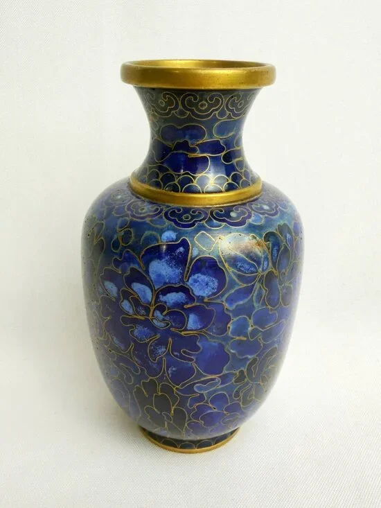 Chinese Cloisonné Vintage Vase Cobalt Blue Floral Enamel Chinese Brass Decor 5