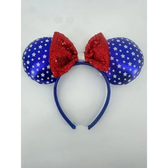 Disney Minnie Mouse Americana Star Ears Red Sequin Bow Headband Patriotic Blue