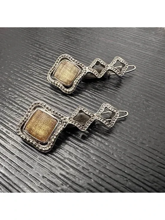 Lot Of 2 Vintage Goody Silver Tone Hair Clips Brown Cabochon Geometric EUC