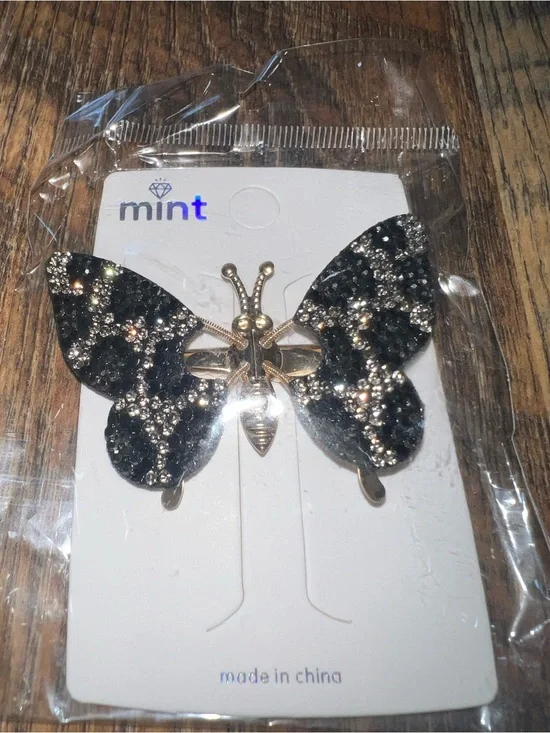 Mint Black and Gold Sparkle Butterfly Hair Clip