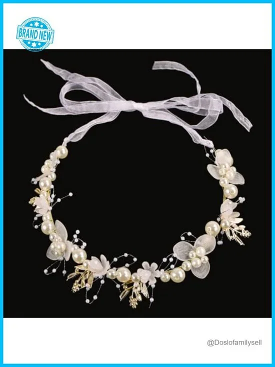 Pearl Headband Bridal Hair Accessories First Communion with Ribbon Ties