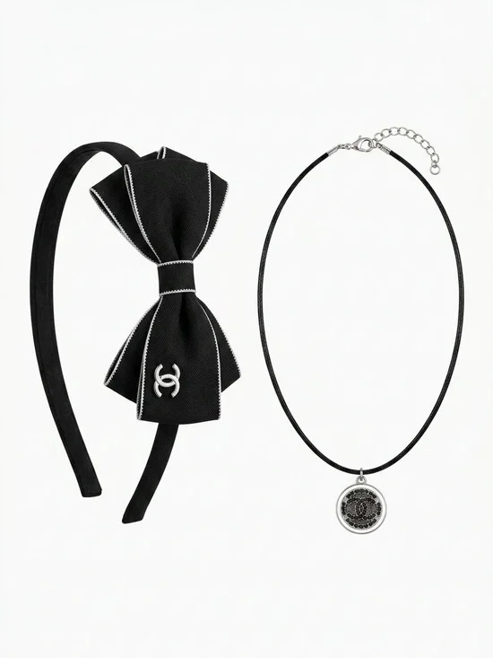 Black Bow Headband and Pendant Necklace Set