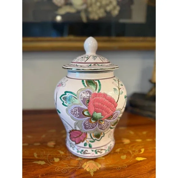 Vintage Floral Ginger Jar‎ • Hand Painted Porcelain Lidded Vase Decor 10.5