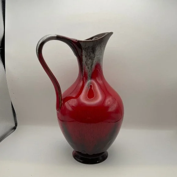 Vintage MCM Red Drip Glaze Ceramic Pitcher Vase Mid-Century Modern Pottery 11.5