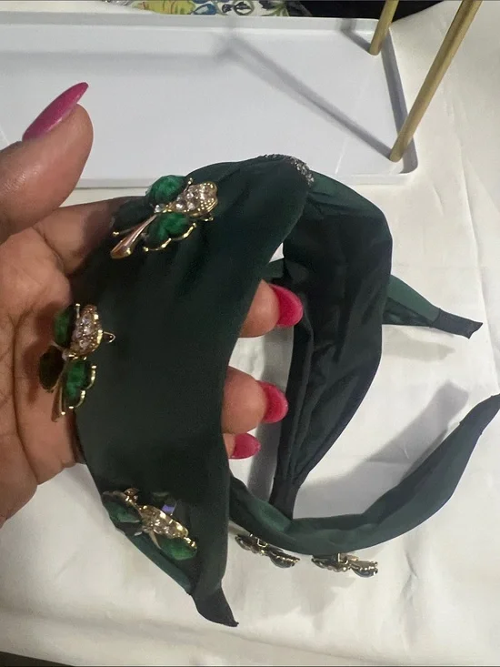 Embellished Dark Green Padded Headband with Crystal Accents
