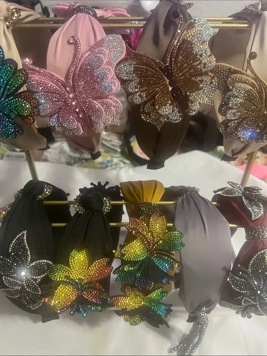 Butterfly Crystal Embellished Headband - Pink & Brown