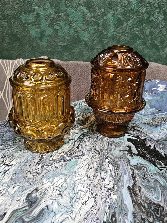 Set Of 2 Vintage Amber Glass Fairy Lamps - Light & Dark - Both Excellent