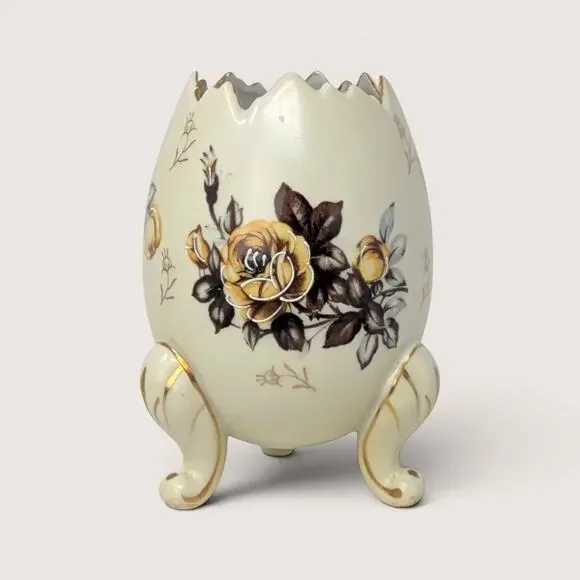 1960s Napcoware Ceramic Three Footed Egg Vase Yellow Rose
