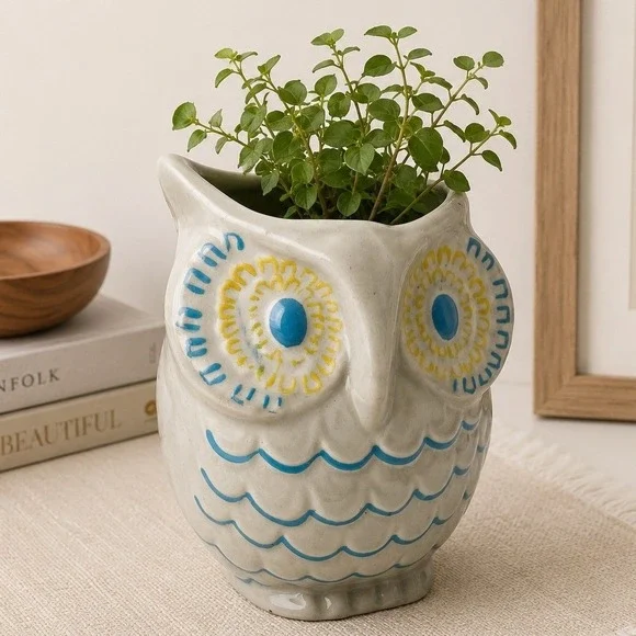 Vintage Ceramic Owl Vase Brush Holder, Vanity Organizer