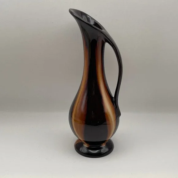 Vintage Mid Century Modern Drip Glaze Ceramic Pitcher Vase Brown Amber 8.25
