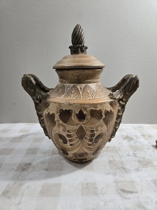 Ornate Decorative Lidded Vase Urn - Tan and Brown