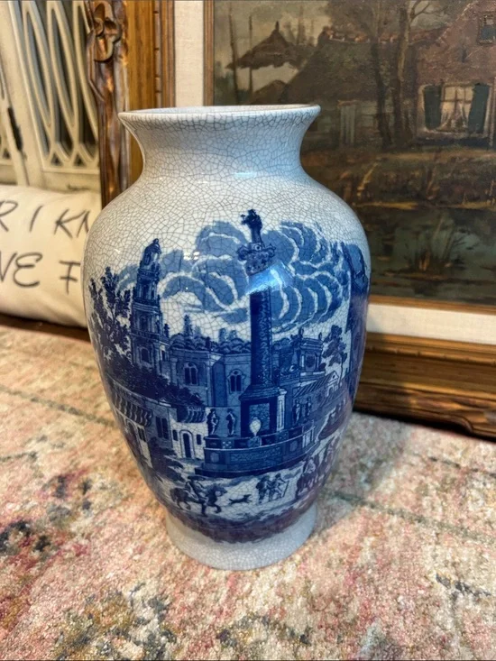 Victoria Ware Ironstone cobalt blue and white scenery vase