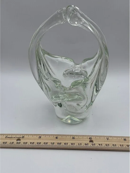 Vintage Hand Blown Art Glass Basket Vase Clear Twisted Handle Heavy 7.5