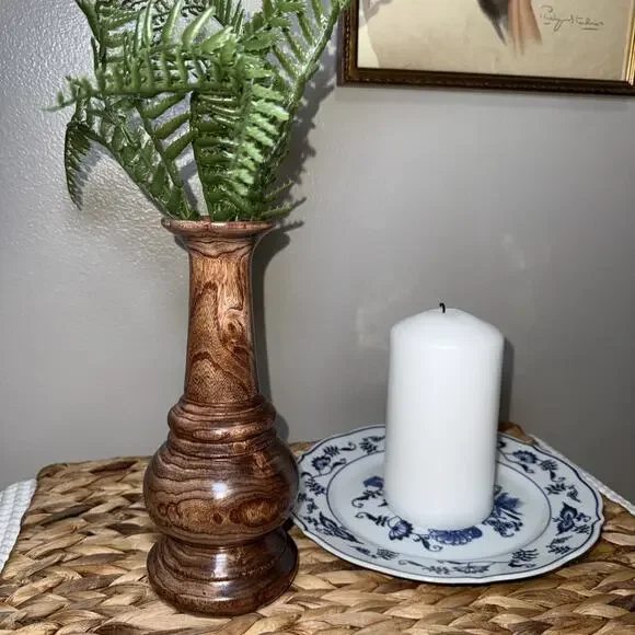 Vintage Hand Turned Wood Vase AKS 54 Mid Century Modern Organic Decor 8.5