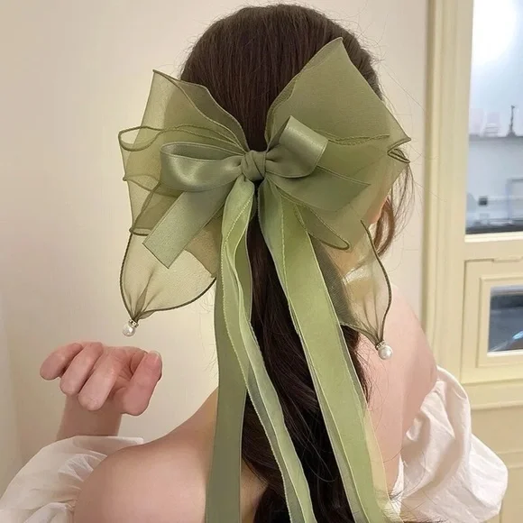 Long Oversized Green Satin Bow French Barrette Hair Clip