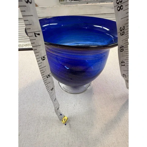 Hand Blown Cobalt Blue Glass Bowl Gold Aventurine Swirl Pedestal Centerpiece 10