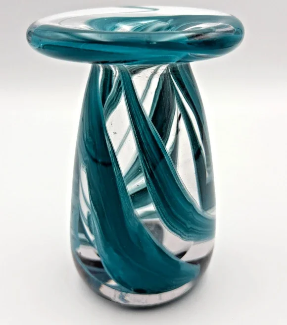 Vintage Hand Blown Studio Art Glass Swirl Bud Vase Teal Blue Heavy Flared Rim