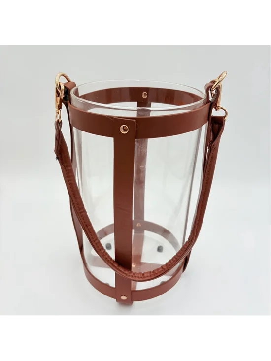 Modern Clear Glass Cylinder Vase w/ Brown Leather Harness Strap Gold Tone 10.5”