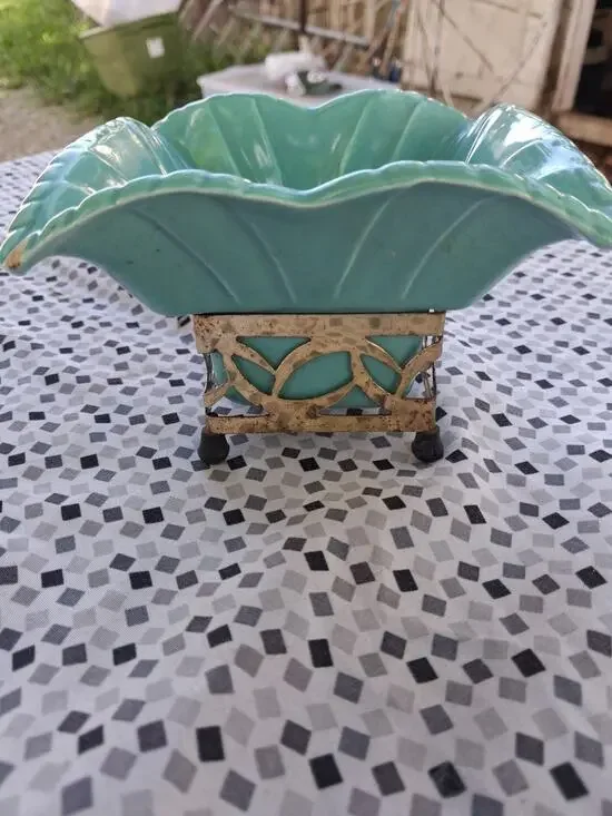 Vintage Miranda Pottery Pot/Reticulated Brass Stand Small Teal Scalloped