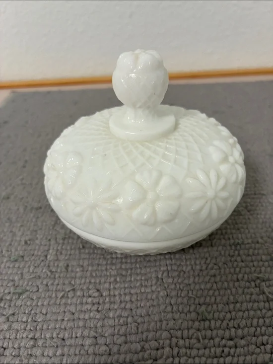 Vintage Milk Glass Floral Covered Trinket Dish - White