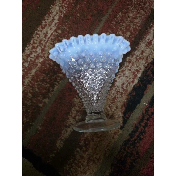 Vintage Fenton Glass Opalescent 7''x 7'' Hob Nail Fan Vase