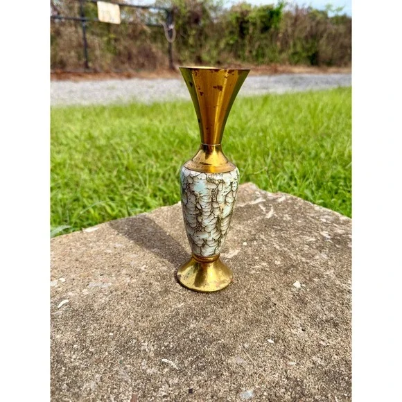 Vintage Old Dutch Delft Brass and Crackle Glaze Bud Vase Made in Holland 8 inch