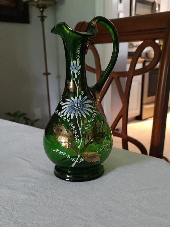 Hand-Painted Dark Green Floral Glass Pitcher Vase