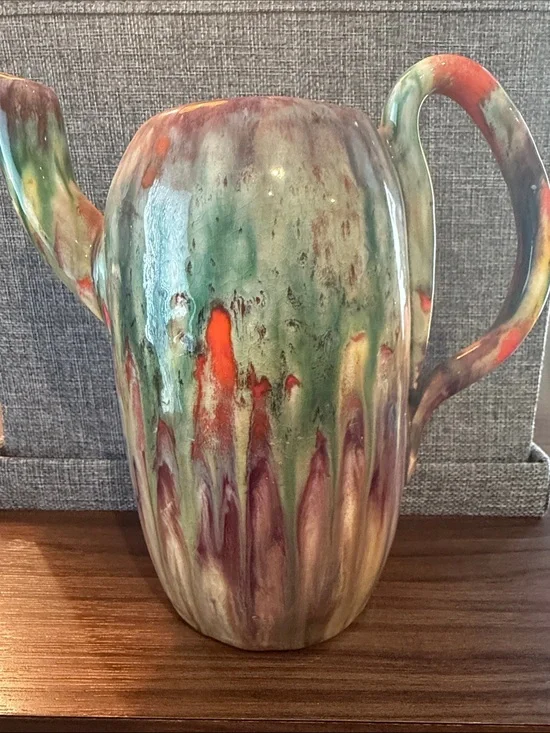 Source Unknown Multicolor Drip-Glaze Ceramic Pitcher — Green, Red, Purple