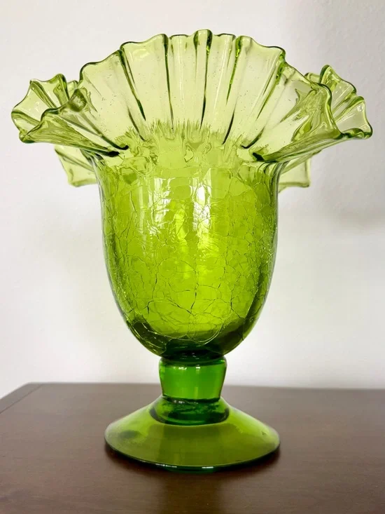 Mid-Century Vintage Blenko Art Crackle Glass Pedestal Vase Green