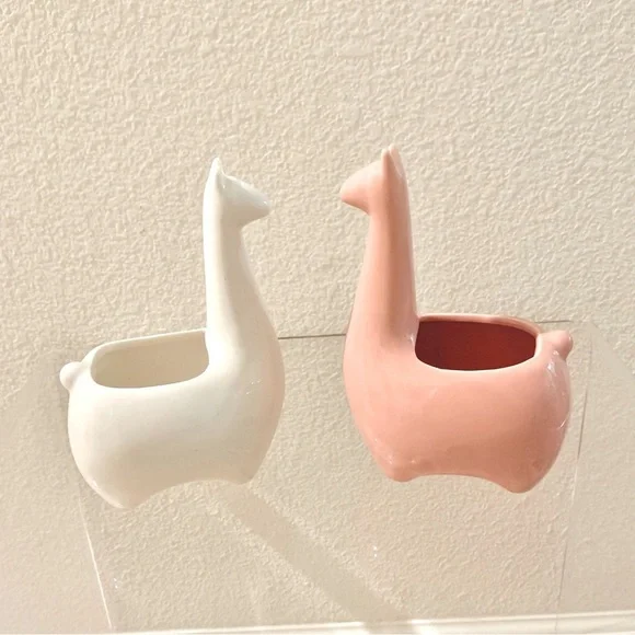 🦙 2 Pink White Llama Mini Planter Vases Porcelain Home Decor