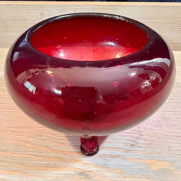 Vintage Ruby Red Glass Rose‎ Bowl Tripod Footed Round Vase Mid Century Modern