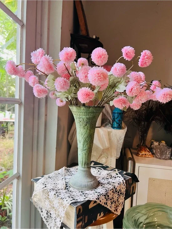 Vintage Pink Pom-Pom Floral Arrangement in Aged Patinated Green “Florists” Vase
