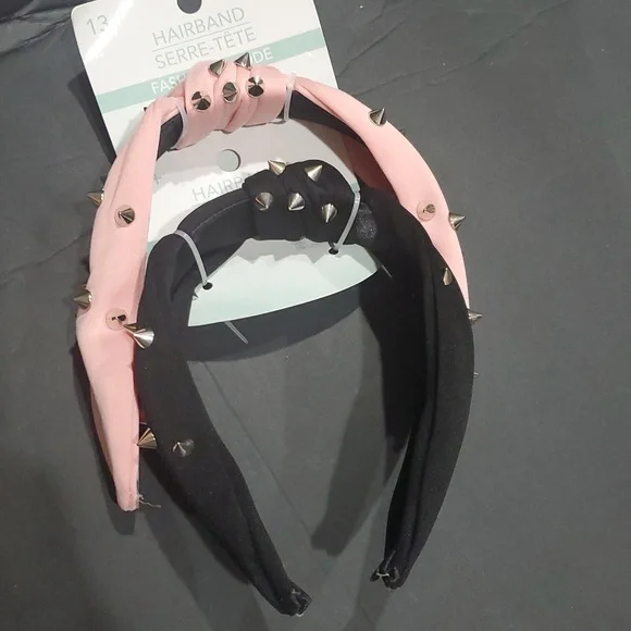 2pack Pink and black‎ fabric spiky metal studded knotted headbands new