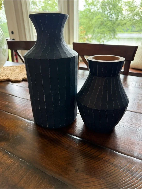 Blue Textured Wood Decorative Vases - Set of 2