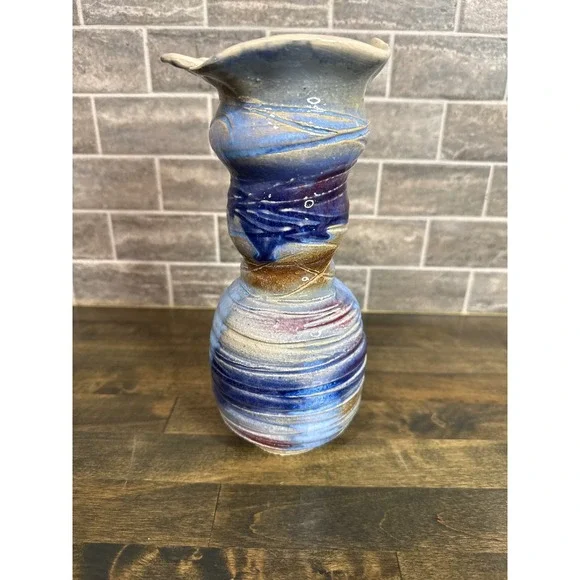 Studio Art Pottery Vase Blue Burgundy Ruffled Rim Hand Thrown Studio Glazed 9