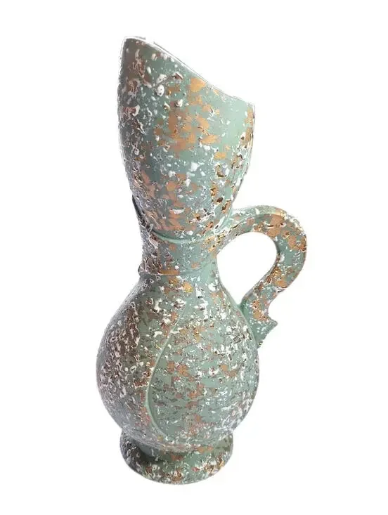 Vintage Savoy China Weeping Gold Splatter Ewer Pitcher Vase Green MCM 24K 12