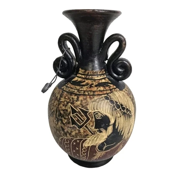 Collectible Handpainted Black Decorative Greek Pottery Vase