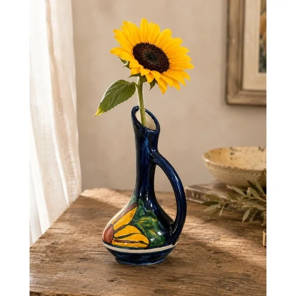 Vintage Mexican Pottery Sunflower Bud Vase Hand Painted Blue Ceramic Pitcher 6