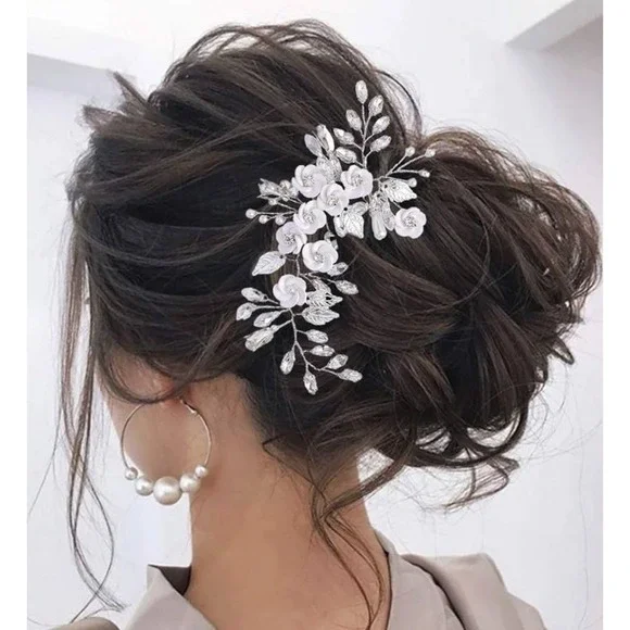 Flower Bride Wedding Hair Vine Pearl Rhinestone Bridal Hair Piece Silver