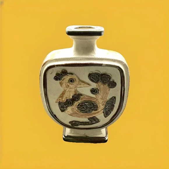 Retro MCM Vintage Stoneware Vase Hen Roadrunner Bird Peacock 8 x 5.5 in.‎