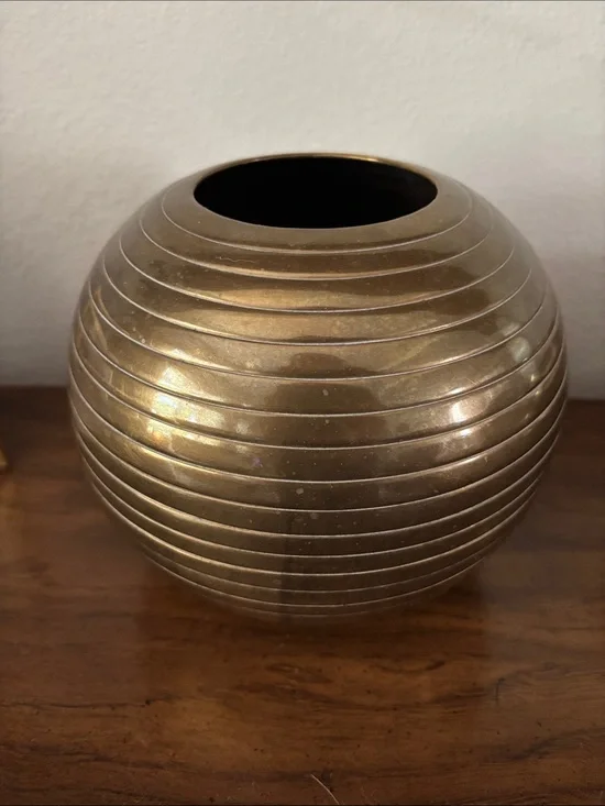 Vintage Brass Ribbed Round Decorative Vase