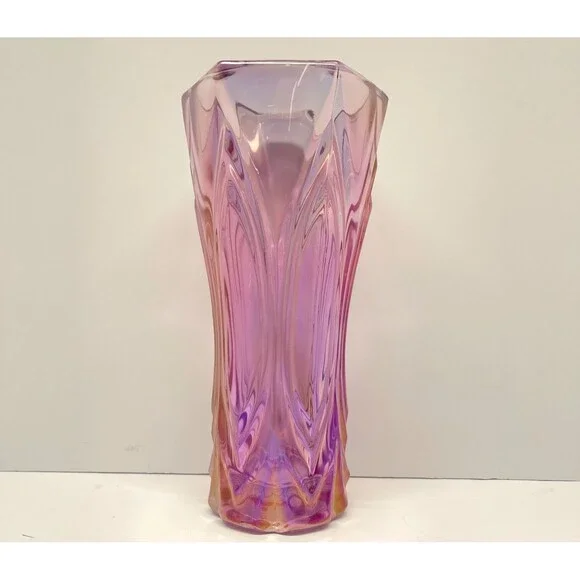 Heavy Iridescent Art Glass Vase 9.5in Pink Purple Ombre Modern Flower Decor