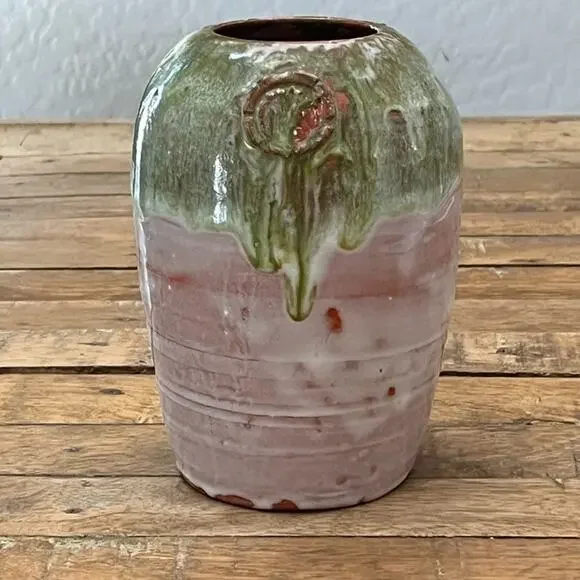 Art Studio Pottery Stamped Flower Vase 6.5 in Green & Pink Drip Glaze