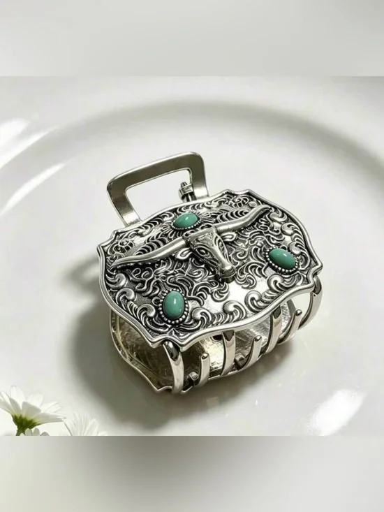 Silver Western Longhorn Hair-Clip with Turquoise Cabochons Hair Clip